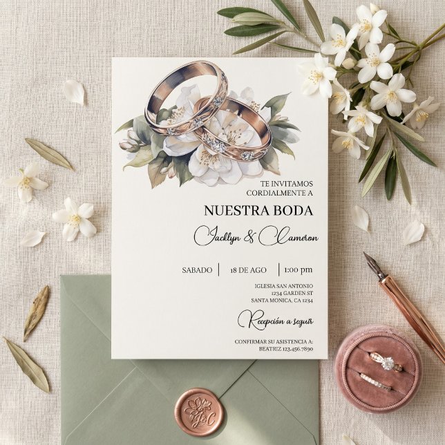 Convite Floral Branco com Anel Casamento Espanhol (Criador carregado)