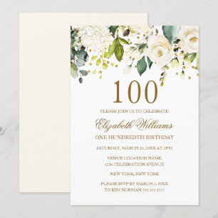 Convite Floral Branco Confete Dourado Aniversário de 100 a