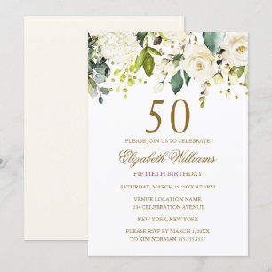 Convite Floral Branco Confete Dourado Aniversário de 50 an
