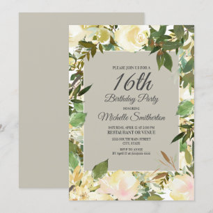 Convite Floral Branco Cremoso Verde Sage Aniversário de 16