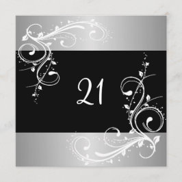 Convite Floral Branco de Prata Preto do aniversário de 21