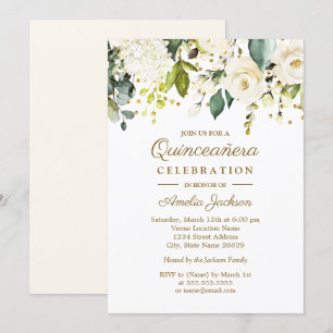 Convite Floral Branco Dourado Confete Quinceanera 15º