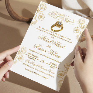 Convite Floral Branco e Dourado Noivado Muçulmano Islâmico