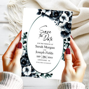 Convite Floral Branco e Preto Elegante Salvar a Data