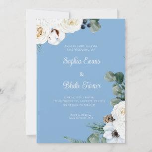 Convite Floral Branco Elegante com Casamento Azul Greenery