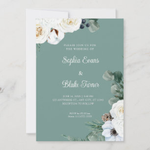 Convite Floral Branco Elegante com Casamento Verde Verde V
