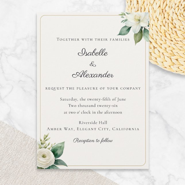 Convite Floral Branco Elegante e Folhagem em Dourado Falso (An elegant wedding invitation in classic ivory with custom text and white flowers)