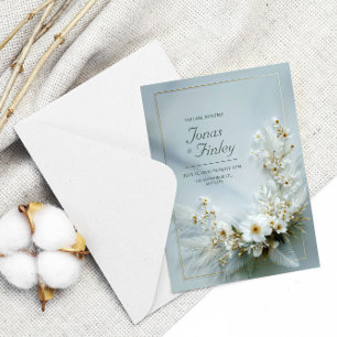 Convite Floral Branco Etéreo em Moldura Dourada com Pena C