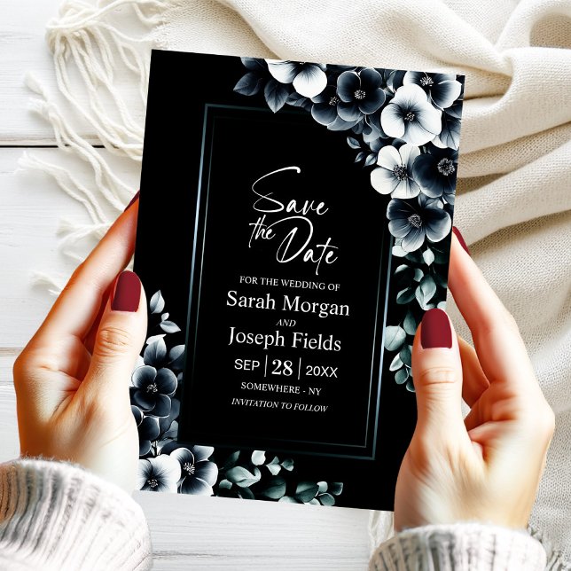 Convite Floral Branco preto moderno Salve a data (Criador carregado)