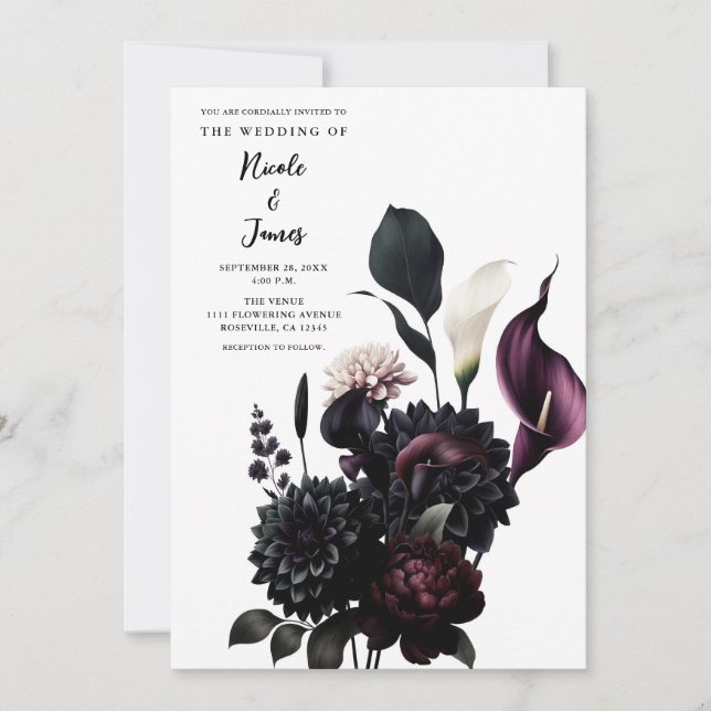 Convite Floral Branco Romântico Sombrio para Casamento (Frente)