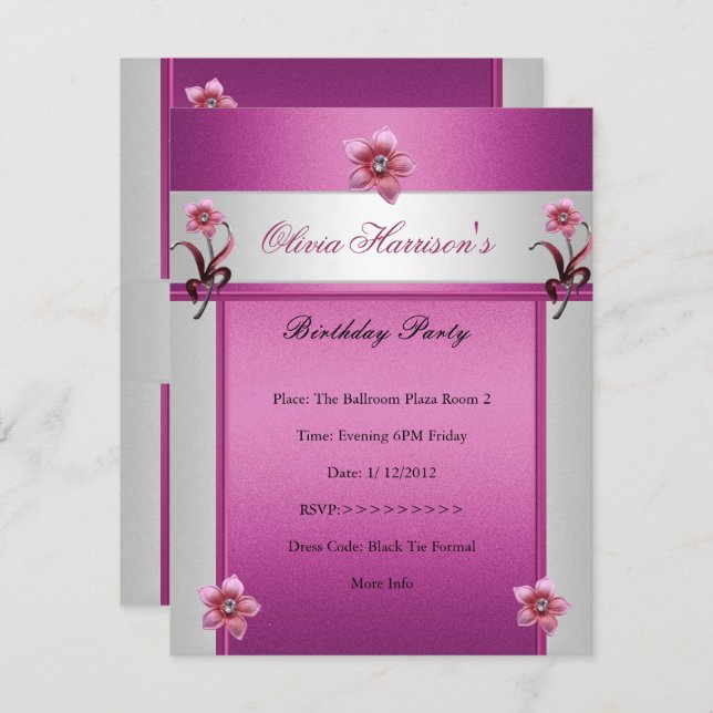 Convite Floral Branco Rosa-bolsa mensageifesta de aniversa (Frente/Verso)