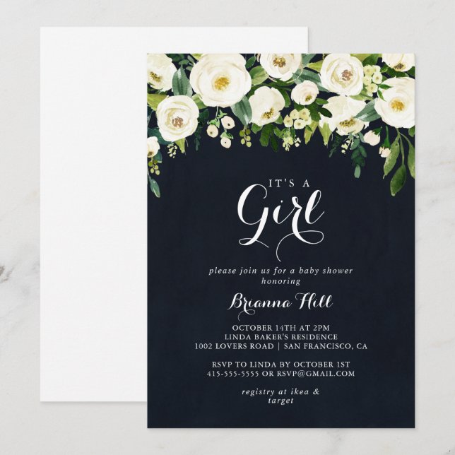 Convite Floral Branco Verde É um Chá de fraldas Invi (Frente/Verso)