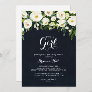 Convite Floral Branco Verde É um Chá de fraldas Invi