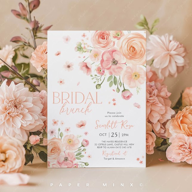 Convite Floral Bridal Brunch Love In Bloom Bright (Bridal Brunch Invitation in peach and blush flowers. Bridal Shower Invite.
)