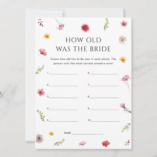 Convite Floral Bridal Shower How Old Was the Bride Game (Frente)