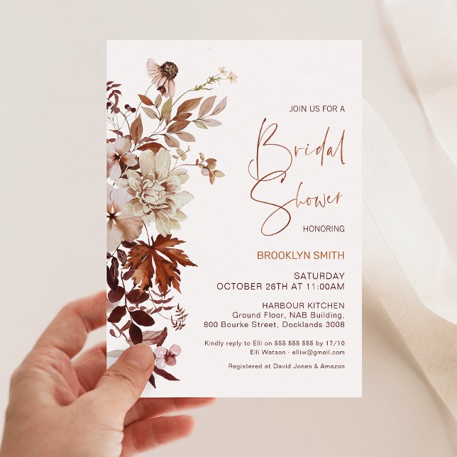Convite Floral Brown Beige Fall in Love Chá de panela (Fall in Love Bridal Shower Invitation Template, Autumn Fall In Love Bridal Shower Invite, Floral )