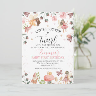 Convite Floral Brown Fairies Flutter Twirts primeiro anive