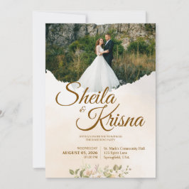 Convite Floral Brown Pastel Elegance Wedding with Photo