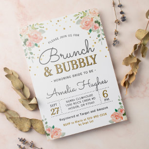 Convite Floral Brunch e Bubble Peony Dourado Chá de panela