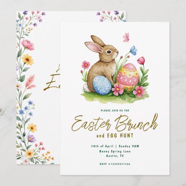 Convite Floral Bunny and Egg Watercolor Easter Brunch  (Frente/Verso)
