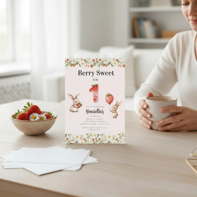 Convite Floral Bunny Doce de Morango Primeiro Aniversário (Criador carregado)