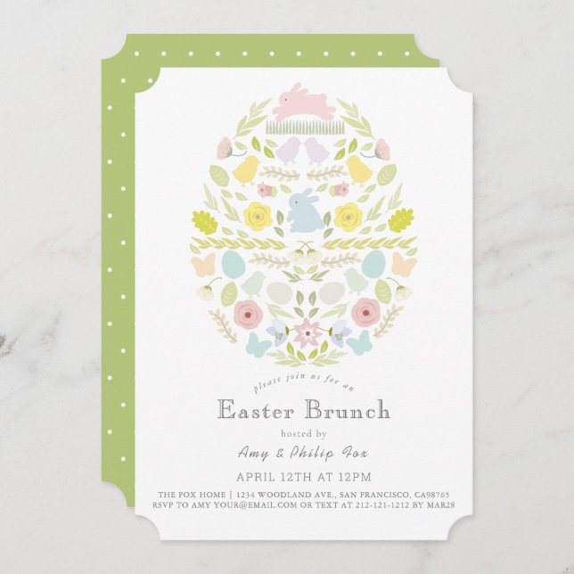 Convite Floral Bunny Easter Páscoa Verde De Ovo Brunch (Frente/Verso)