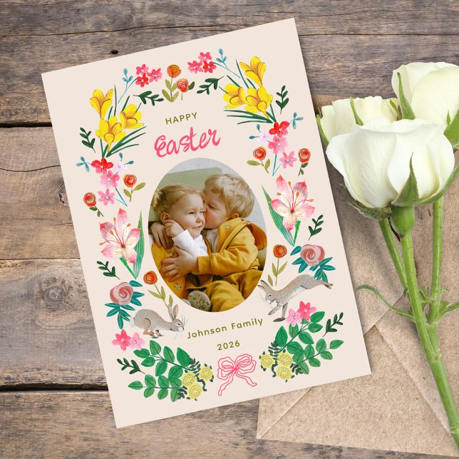 Convite Floral Bunny Happy Easter Family Photo Card (Floral Bunny Happy Easter Family Photo Greeting Card)