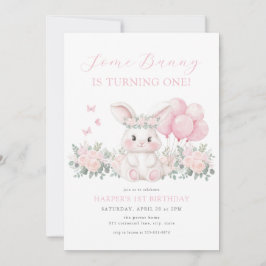 Convite Floral Bunny Spring Girl Pink Bunny First Birthday