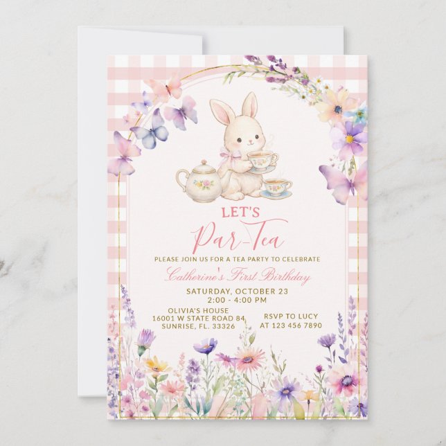 Convite Floral Bunny Tea Party Birthday Pink Gingham (Frente)