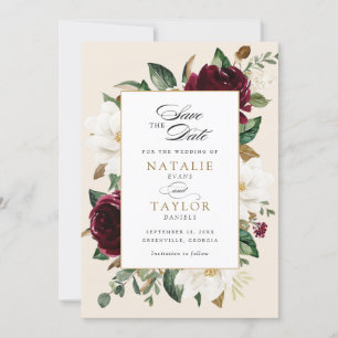 Convite Floral Burgundy Beige Magnolia Elegante Data de Sa