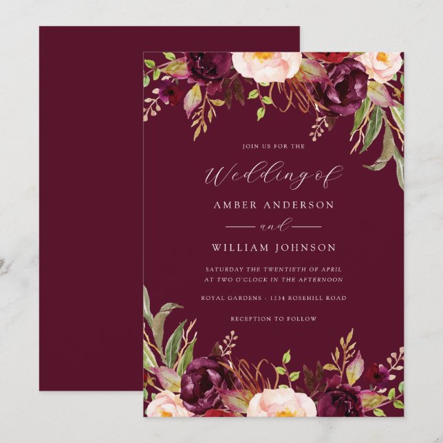 Convite Floral Burgundy Bloom Casamento   (Frente/Verso)