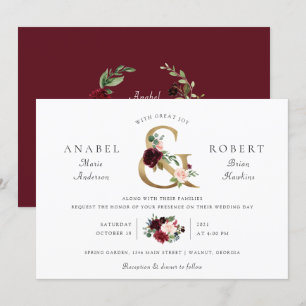 Convite Floral Burgundy Blush Dourada Tipografia Ampersand