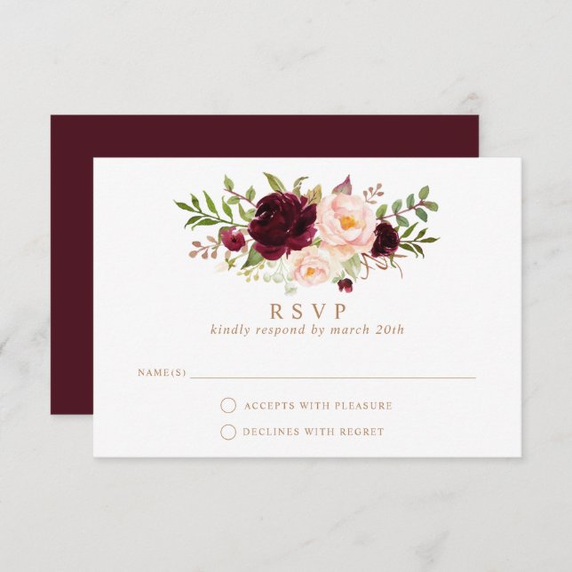 Convite Floral Burgundy Blush Elegant Wedding RSVP Respost (Frente/Verso)