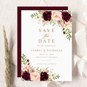 Convite Floral Burgundy Blush Elegante Modern Salve a Data