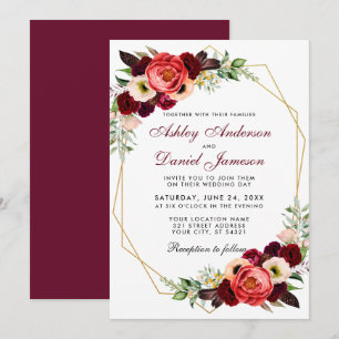 Convite Floral Burgundy Boho Casamento Dourado Frame B