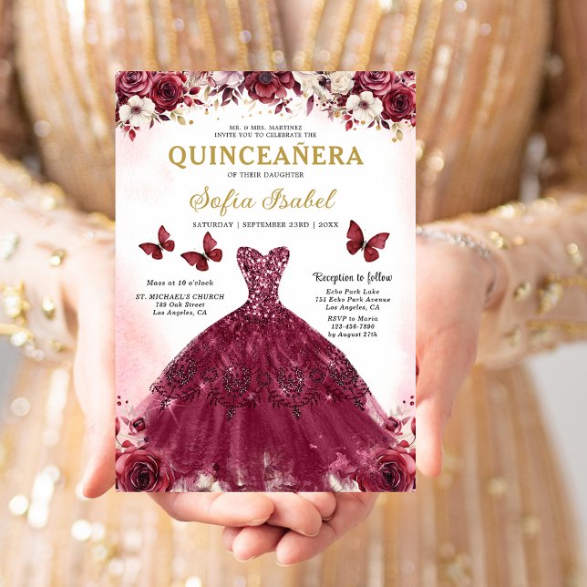 Convite Floral Burgundy Butterfly Princess Quinceanera (Criador carregado)