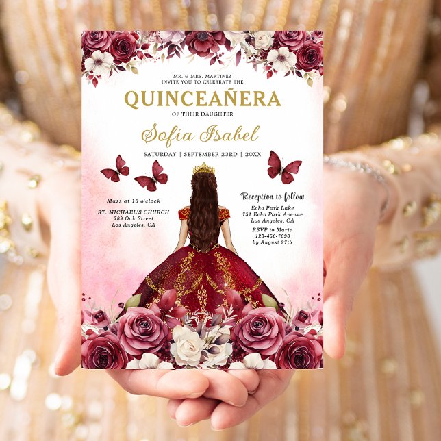 Convite Floral Burgundy Butterfly Princess Quinceanera (Criador carregado)