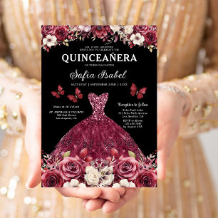 Convite Floral Burgundy Butterfly Princess Quinceanera