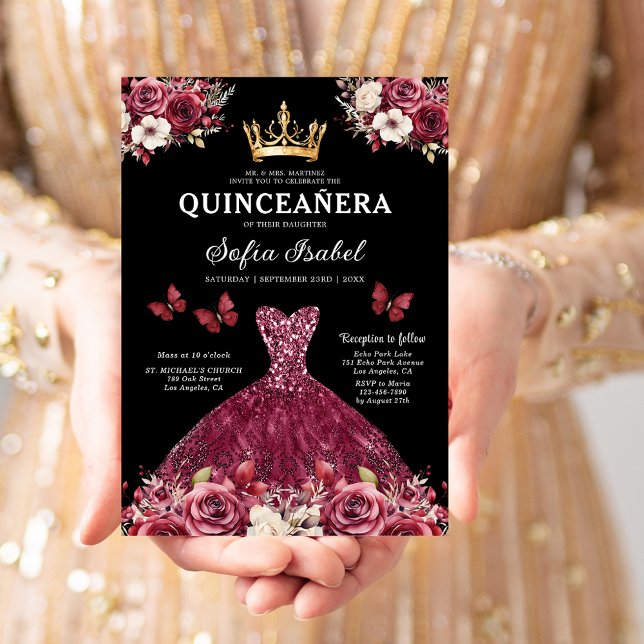 Convite Floral Burgundy Butterfly Princess Quinceanera (Criador carregado)