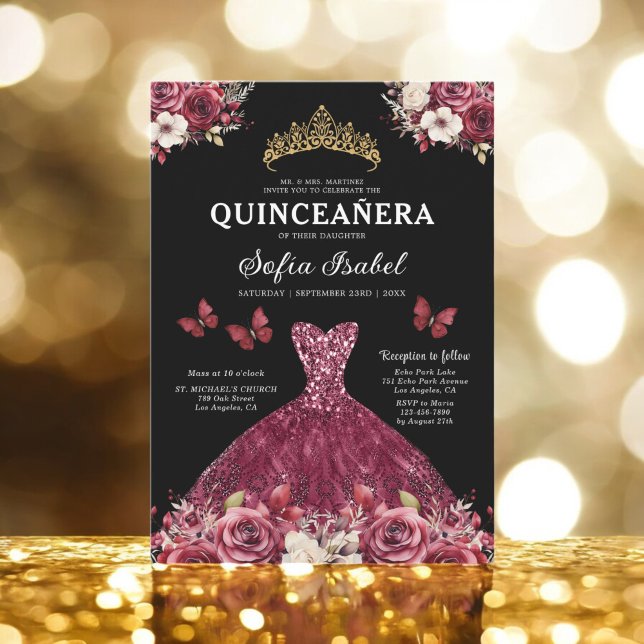 Convite Floral Burgundy Butterfly Princess Quinceanera (Criador carregado)