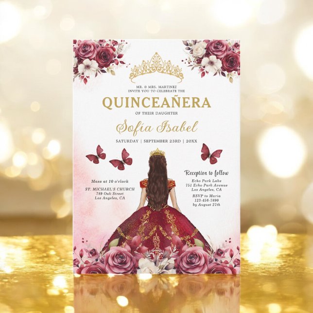 Convite Floral Burgundy Butterfly Princess Quinceanera (Criador carregado)