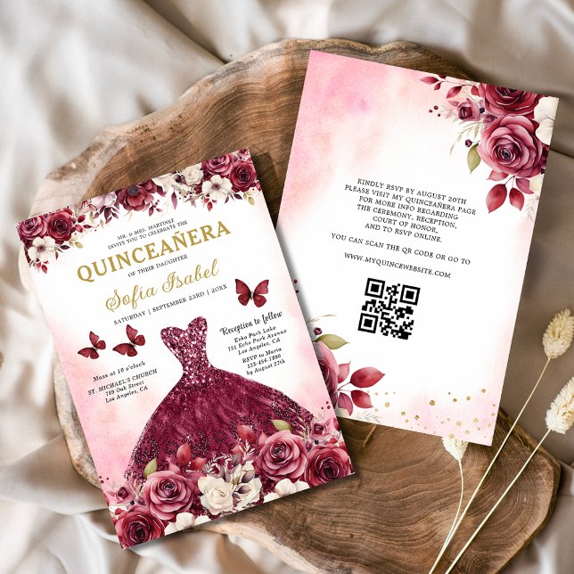 Convite Floral Burgundy Código QR Princesa Quinceanera (Criador carregado)