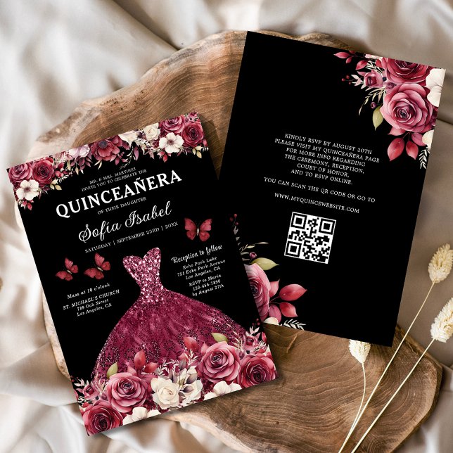 Convite Floral Burgundy Código QR Princesa Quinceanera (Criador carregado)