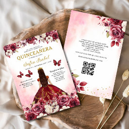 Convite Floral Burgundy Código QR Princesa Quinceanera