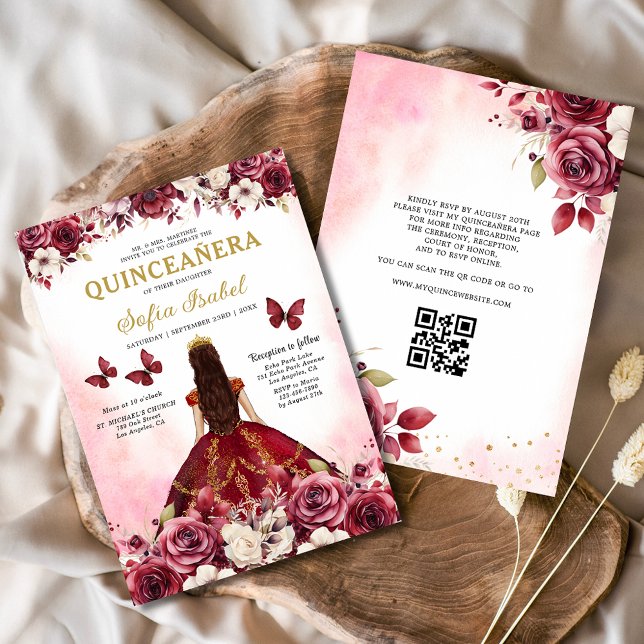 Convite Floral Burgundy Código QR Princesa Quinceanera (Criador carregado)