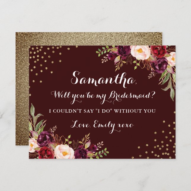 Convite Floral Burgundy Dourada Você Será Minha Porta-Voz (Frente/Verso)