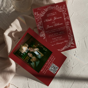 Convite Floral Burgundy Elegante Código QR Foto Casamento