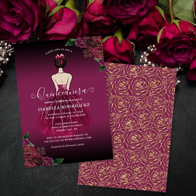 Convite Floral Burgundy Princesa Dourada Birthday Quinceañ (Floral Burgundy Princess Gold Birthday Quinceañera Invitation)