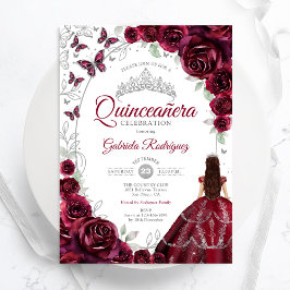 Convite Floral Burgundy Silver Quinceanera