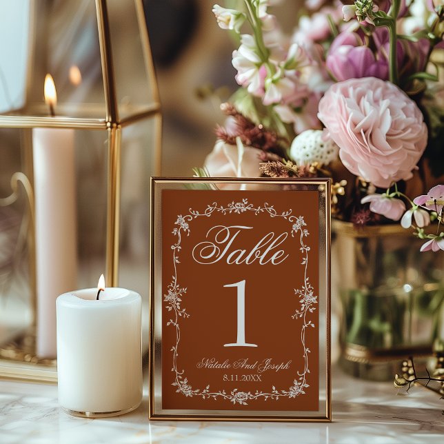 Convite Floral Burnt Orange Old Money Wedding Table Number (Criador carregado)